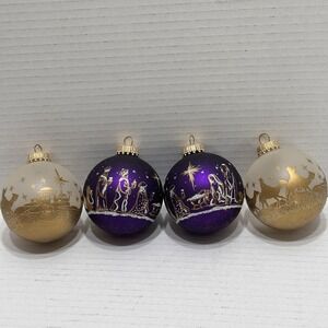4 Krebs Nativity Bethlehem Scene Ornaments Christmas Glass Balls Purple Gold VTG
